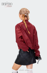 burgundy cropped wide leather jacket