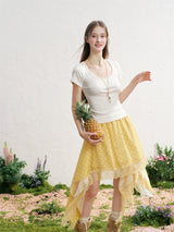 Back Ribbon Lace Sheer Short Sleeve Top