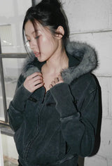 Wash Cropped Fur Hooded Zip-Up