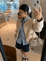 ノーカラーラウンドツイードルースフィットジャケット