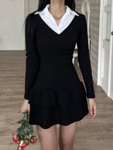  V-neck shirt cancan ribbed long sleeve dress (2 colors)