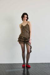 LEOPARD FRILL SLEEVELESS TOP / BROWN