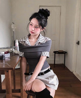 molti gray check & collar layer top