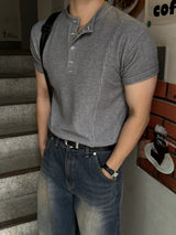 Front cut line henry-neck short sleeve t-shirt