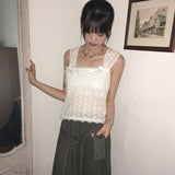 コシュパンチングシースルーリボンノースリーブブラウス
