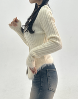 WOOL-BLEND♥ファーディテールチューリップUネックスリムニットリブカーディガン - 3 COLOR