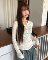 ハパボタンVネックスリムフィット長袖Tシャツ