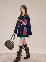 Kitsch look Embroidered Patch Quilted Duffle Coat