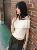 Sirom リボンストラップリブドオフショルダー半袖Tシャツ