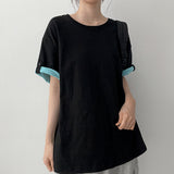 ルーズフィット💛 ボタンロールアップ カラーブロック ショートスリーブTシャツ (6 colors)