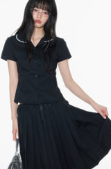 Black round neck lace trimmed waist cinched shirt
