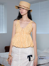 rirri SS25 vacation wear 100% Cotton Textured Floral Blouse with Puffed Lace Trim - Resort Collection