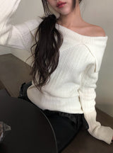 Fuzz Collar Rib Off-Shoulder Slit Long Sleeve Knit