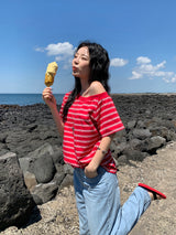 [MADE] ストライプアンバランスオフショルダーTシャツ