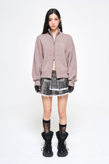 CABLE KNIT METAL LOGO ZIP-UP PINK
