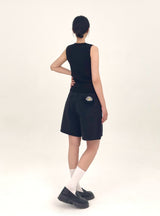 3RD REORDER HIP POCKET EMBROIDERY BLACK DENIM SHORTS LONG VERSION code 25106