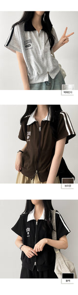 Med Two-Way Line Coloring Short Sleeve Collar Zip-Up