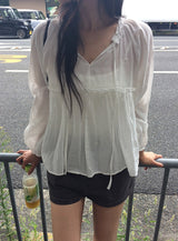Laden Shirring Frill Flare Long Sleeve Blouse