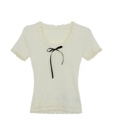 ribbon frill sweet short-sleeved knitwear