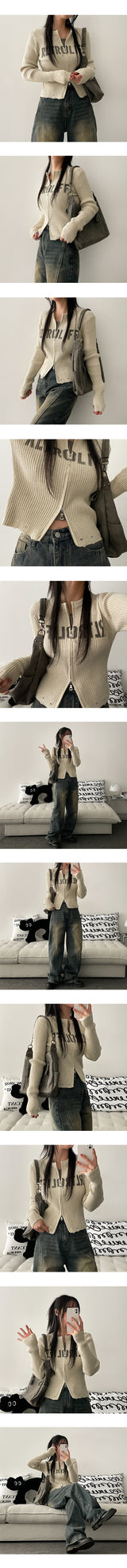 Leaf Damage Ribbed Two Way Knit Zip-Up