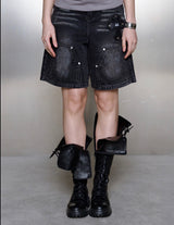 PRESET CROSS LEATHER PATCH DOUBLEKNEE BERMUDA DENIM PANTS UNISEX (2COLOR)