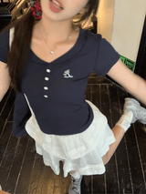 半袖ボタンスリムリブド半袖Tシャツ