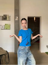 カラーバックストラップラウンドショートスリーブTシャツ