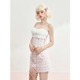 [GirlyFancyClub] Pink Plaid Cinched Waist Corset Bustier Top