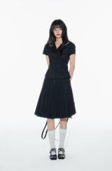 Black round neck lace trimmed waist cinched shirt