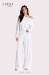 Waffle Asymmetrical Off-Shoulder Sweat Pants Set (TOP+PANTS SET)