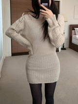 MEU One Off-Shoulder Ribbon Ribbed Knit Dress