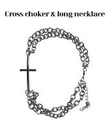 2pcs クロスチョーカーアンドブラックロングキュービックネックレス