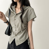 Shirin ストライプサイドストリング半袖フード付きブラウスカーディガン