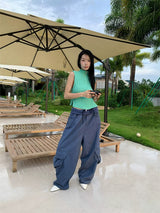Khaki Cargo Wide Leg Straight Pants