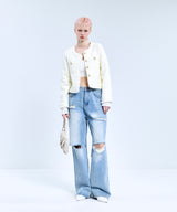 85-VIVAJ057 Line Fringe Crop Tweed Jacket White