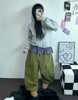 フリースピカブルー❤ベーシックワイドカーゴバルーンロングパンツ💚💙🖤🩶🤍5カラー