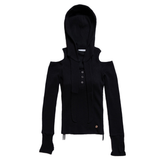 OFF SHOULDER HOODED LONG SLEEVE BLACK