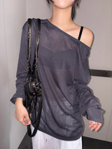 Silishy Sheer Boat Neck Loose Knit Top 4color