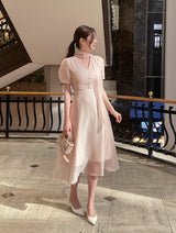 Hanin V-neck Chiffon Tie Short Sleeve Long One Piece