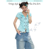 BETWEENAND “Mint Early Summer” Vintage Bud Polka-Dotted Cute Waist-Cut Shirt for Women – Unique Summer Top