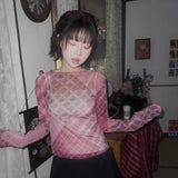 (2color) Sheer Patchwork Check Mesh Wave Tee