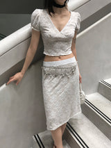 French Garden Lace Deep V-neck Puff Sleeve TOP & MIDI SKIRT SET 