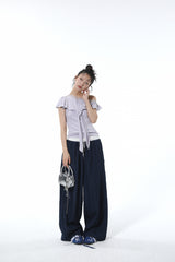 Summon Oak American-style spliced contrast-color casual pants for women, loose straight-cut wide-leg sports trousers with a good draping effect