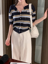 Multi Border Short Sleeve Knit Cardigan (3color)