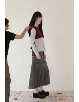 BACK RIBBON T-SHIRT(GREY BURGUNDY)