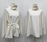 High-neck belted balloon-fit blouse