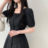 Eto Square Neck Puff Flare Mini Raw Denim One Piece