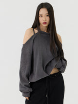 Cutout Halter Neck Sweat Long T-Shirt, Charcoal