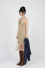 FRINGE-HEM KNIT V-NECK DRESS IN BEIGE