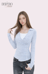 グレー Vストライプ ラップ ロングスリーブ Tシャツ